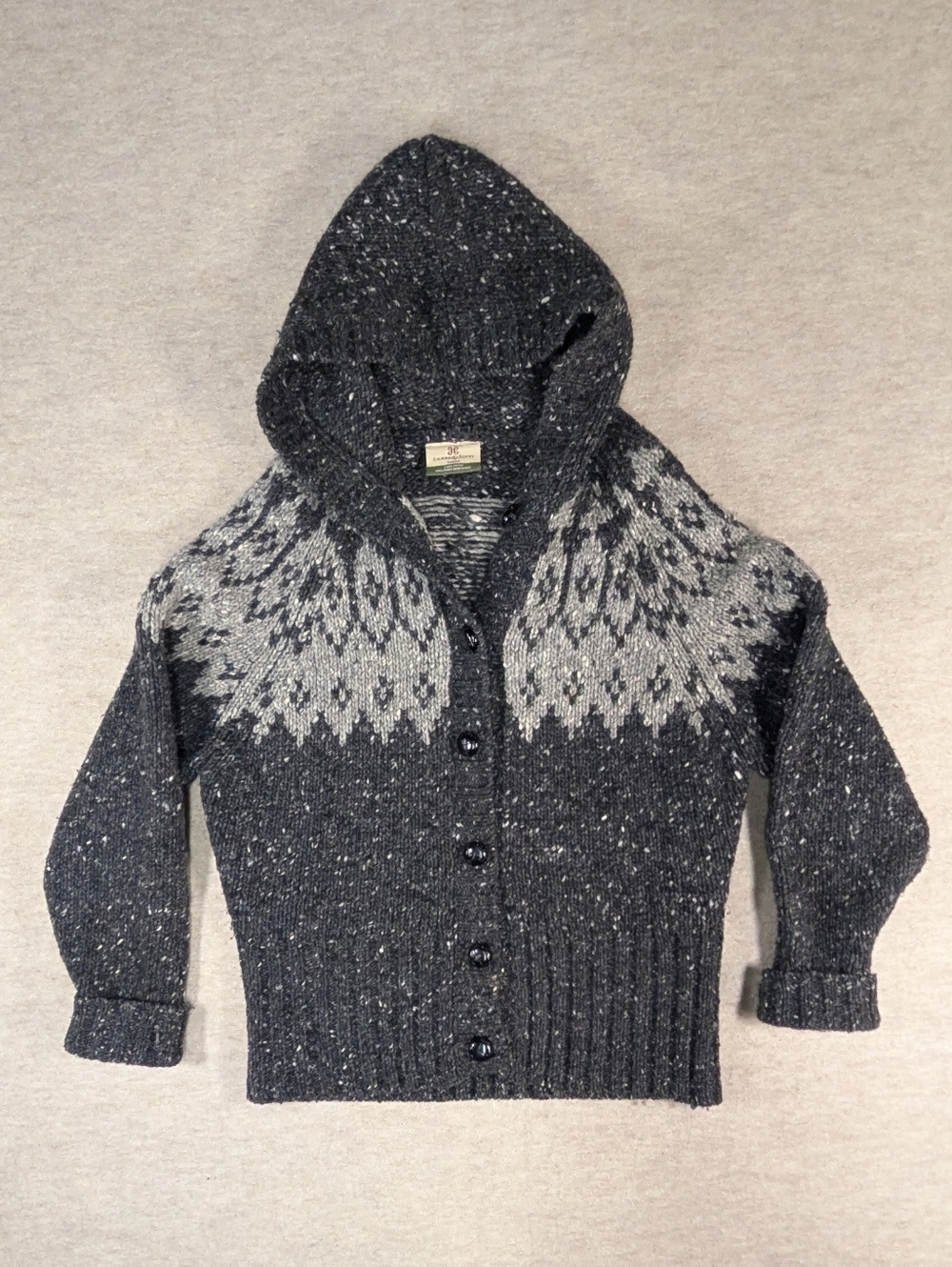 Irish 100% Wool Hooded Fair Isle Button Sweater Charcoal & Light Gray Size Med
